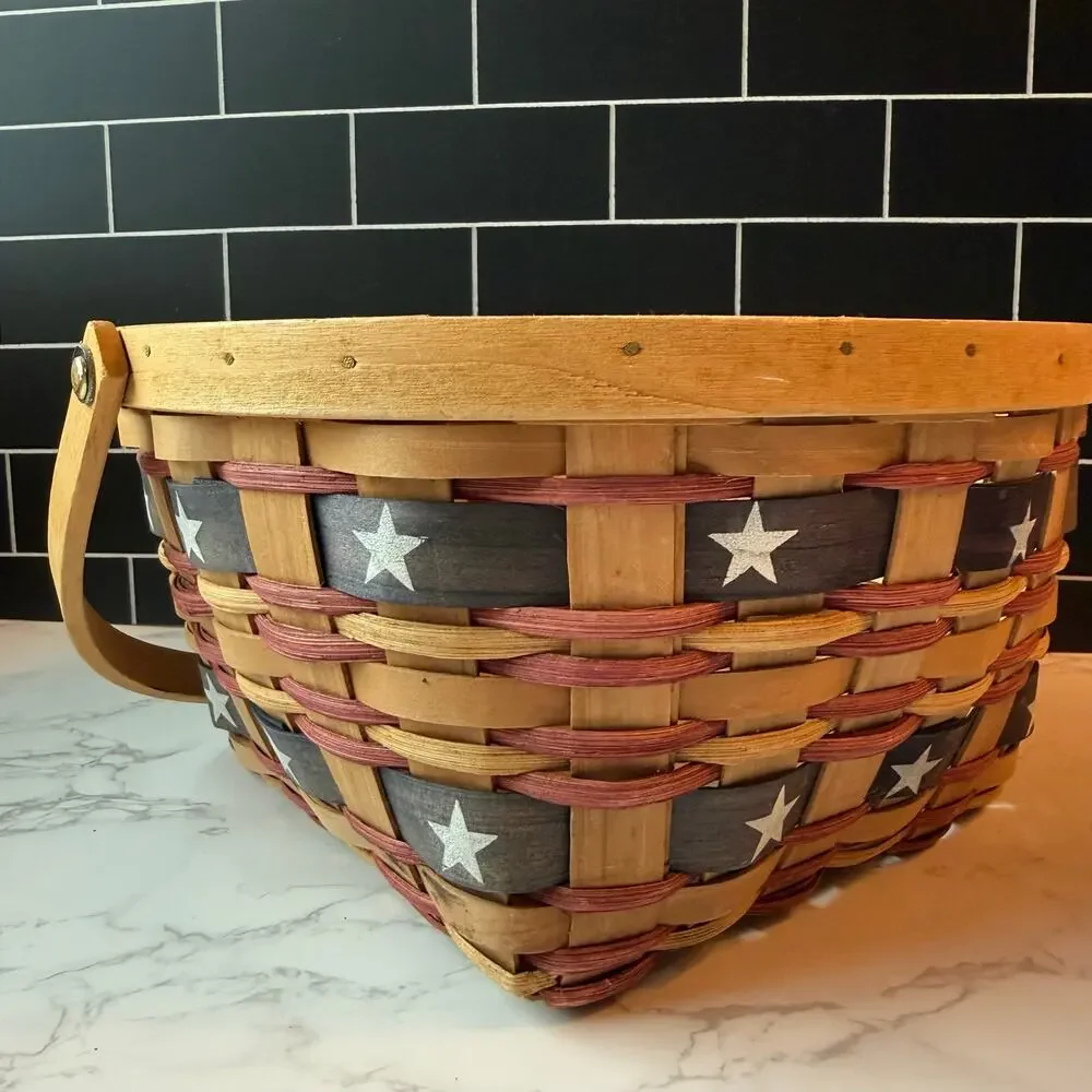 Vtg Woven Wood Basket Square Storage Americana Red Patriotic